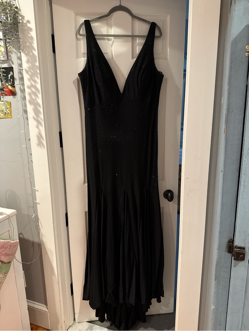 Johnathan Kayne Black Maxi Gown with V-Neck and Sparkle